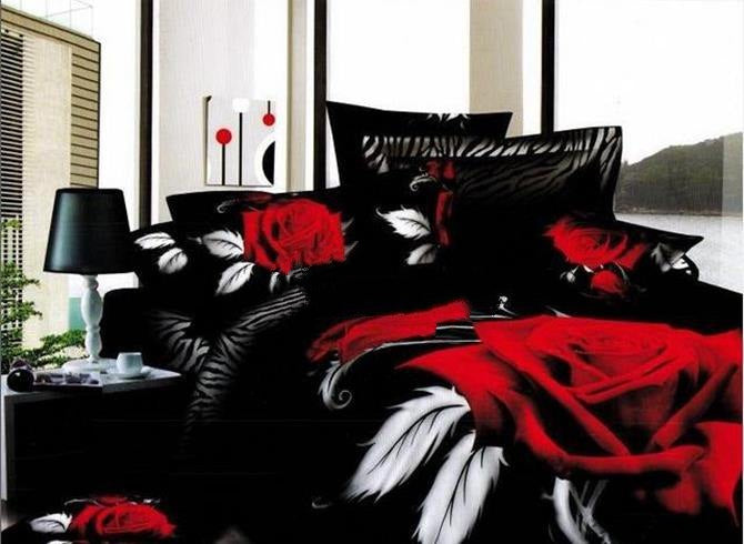3D Red Rose Printed Cotton Luxury 4-Piece Black Bedding Sets/Duvet Cover Sets