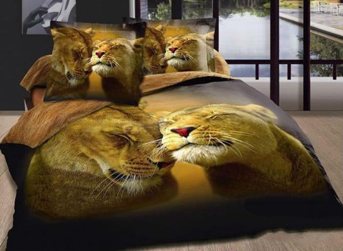 3D Lion Couple Printed Cotton Luxury 4-Piece Bedding Sets/Duvet Covers