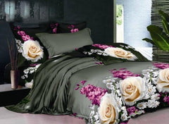 3D Rose and Hyacinth Printed Cotton Luxury 4-Piece Black Bedding Sets