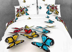 3D Colorful Butterflies Cotton Luxury 4-Piece White Bedding Sets/Duvet Covers