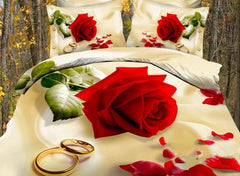 3D Red Rose with Golden Rings Printed Cotton Luxury 4-Piece Bedding Sets