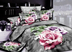 3D Pink and Purple Roses Printed Cotton Luxury 4-Piece Bedding Sets/Duvet Covers