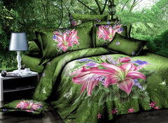 3D Pink Lily and Purple Flower Printed Cotton Luxury 4-Piece Green Bedding Sets
