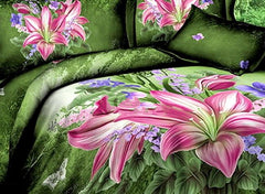 3D Pink Lily and Purple Flower Printed Cotton Luxury 4-Piece Green Bedding Sets