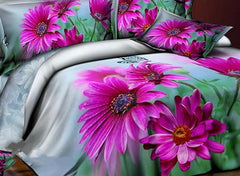 3D Purple Dahlia Green Leaves Printed Cotton Luxury 4-Piece Bedding Sets/Duvet Cover
