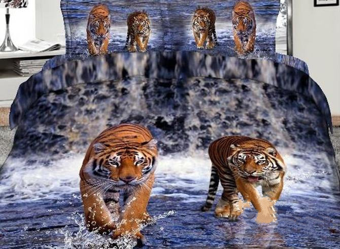 3D Tiger Walking in Waterfalls Printed Cotton Luxury 4-Piece Bedding Sets/Duvet Covers