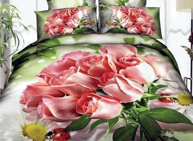 3D Bunch of Pink Roses Printed Cotton Luxury 4-Piece Green Bedding Sets