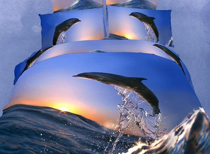 3D Jumping Dolphin with Sunset Printed Cotton Luxury 4-Piece Bedding Sets/Duvet Covers