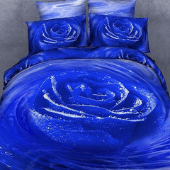 3D Blooming Blue Rose with Dewdrop Printed Cotton Luxury 4-Piece Bedding Sets