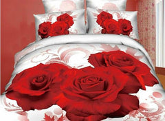 3D Red Rose Printed Luxury Style Cotton Luxury 4-Piece White Bedding Sets/Duvet Covers