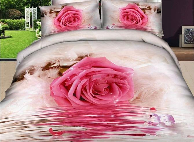 3D Pink Rose by the River Printed Luxury 4-Piece Bedding Sets/Duvet Covers