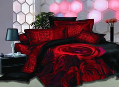 3D Red Roses Printed Luxury Cotton Luxury 4-Piece Bedding Sets/Duvet Cover