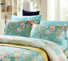 Colorful Blooming Flowers Retro Style Blue Luxury 4-Piece Bedding Sets/Duvet Cover