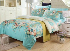 Colorful Blooming Flowers Retro Style Blue Luxury 4-Piece Bedding Sets/Duvet Cover