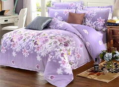 Purple Rose and Lily Print Cotton Luxury 4-Piece Bedding Sets