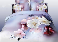 3D Pink and White Cherry Blossom Printed Cotton Luxury 4-Piece Bedding Sets