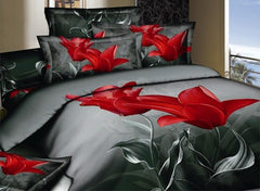 3D Red Tulip Printed Cotton Luxury 4-Piece Bedding Sets/Duvet Covers
