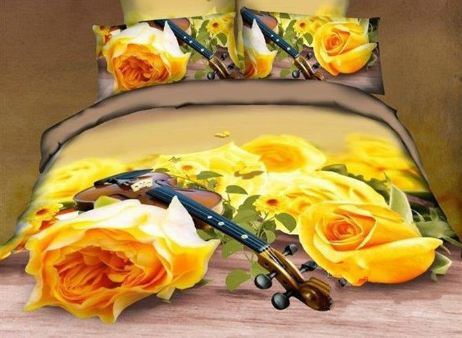 3D Yellow Roses and Violin Printed Cotton Luxury 4-Piece Bedding Sets/Duvet Cover