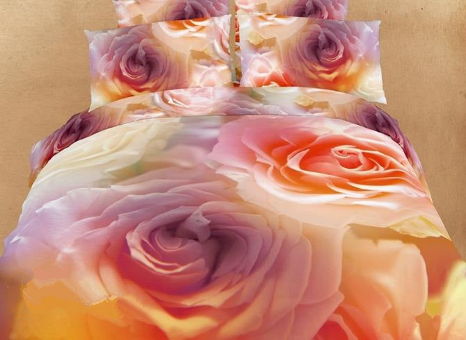 3D Blooming Colorful Roses Printed Cotton Luxury 4-Piece Bedding Sets/Duvet Cover