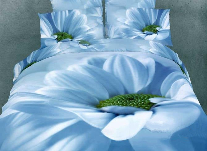 3D Blooming Blue Flower Printed Cotton Luxury 4-Piece Bedding Sets/Duvet Cover