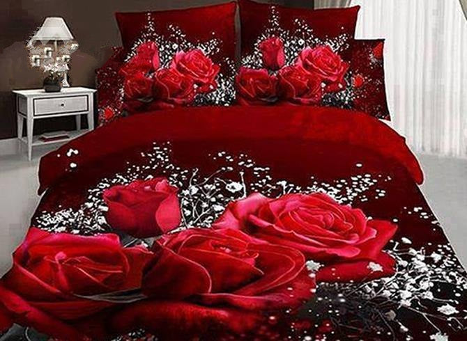 3D Red Rose and Baby Breath Printed Cotton Luxury 4-Piece Bedding Sets ...