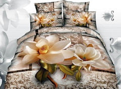 3D Magnolia with Jacobean Printed Cotton Luxury 4-Piece Bedding Sets/Duvet Covers