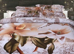 3D Magnolia with Jacobean Printed Cotton Luxury 4-Piece Bedding Sets/Duvet Covers
