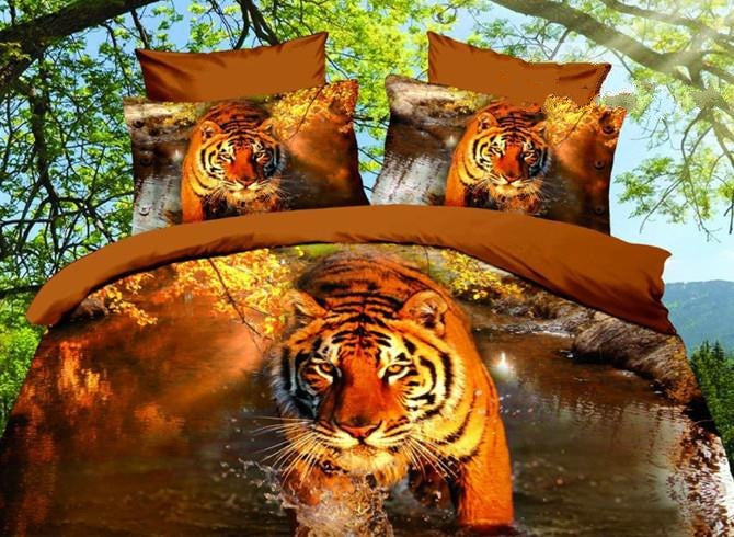 Vivid Tiger 3D Printed 4-Piece Polyester Luxury 3D Duvet Cover Sets