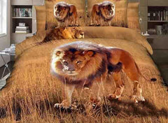 3D Lion on Grassland Printed Cotton Luxury 4-Piece Bedding Sets/Duvet Covers