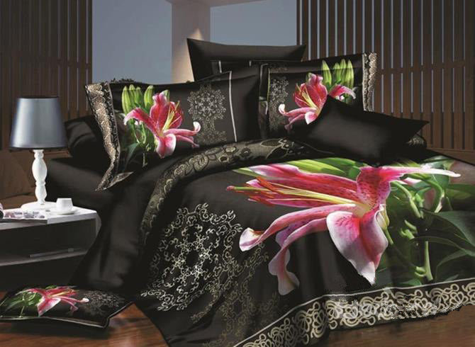Charming Pink Lily Print Luxury 4-Piece Polyester 3D Duvet Cover Sets