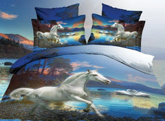 White Horse and Swan Couples Print Luxury 4-Piece Polyester 3D Duvet Cover Sets