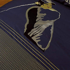 Noble Dark Blue with Figure and Golf Pattern Cotton Luxury 4-Piece Bedding Sets