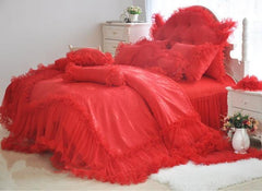 High Quality Romantic Red Lace Luxury 4-Piece Cotton Duvet Cover Sets
