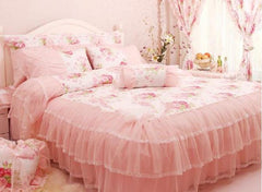Floral Pattern Lace Cotton Luxury 4-Piece Pink Queen Size Bedding Sets