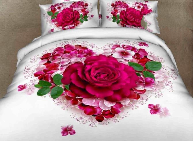 3D Heart-Shaped Roses Printed Cotton Luxury 4-Piece White Bedding Sets