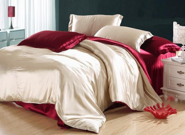 Noble Camel and Red Luxury 4-Piece Cellosilk Duvet Cover Sets