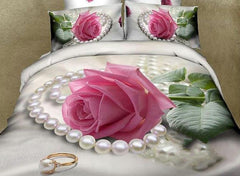 3D Pink Rose and Pearl Printed Cotton Luxury 4-Piece Bedding Sets/Duvet Cover