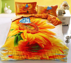 3D Sunflower and Blue Butterfly Printed Cotton Luxury 4-Piece Bedding Sets