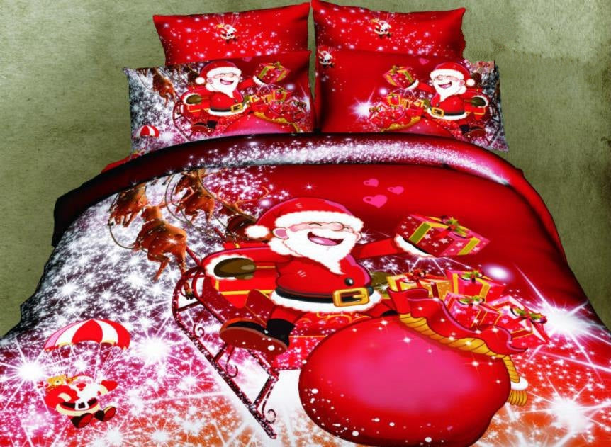 3D Santa and Christmas Gift Printed Cotton Luxury 4-Piece Red Bedding Sets/Duvet Covers