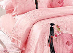 Romantic Lovers Embossed Pink Wedding Style Luxury 4-Piece Cotton Bedding Sets/Duvet Cover