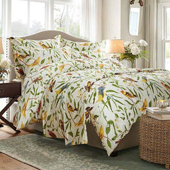 Soft Country Spring Birds and Flowers Print Luxury 4-Piece Cotton Duvet Cover Sets