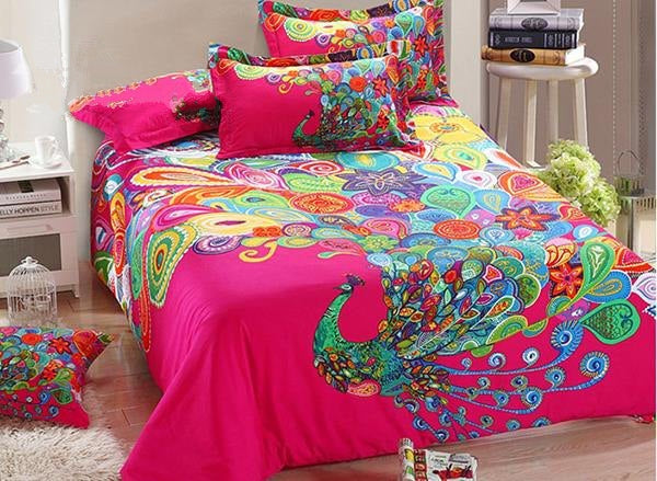 Stunning Peacock Showing Tail Print Luxury 4-Piece Cotton Bedding Sets/Duvet Cover