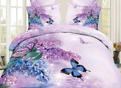 3D Butterfly and Lilac Printed Cotton Luxury 4-Piece Bedding Sets/Duvet Covers
