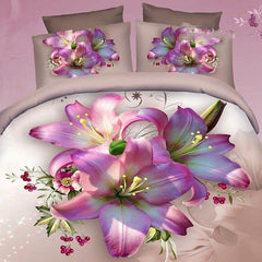 3D Pink Lily Printed Cotton Luxury 4-Piece Bedding Sets