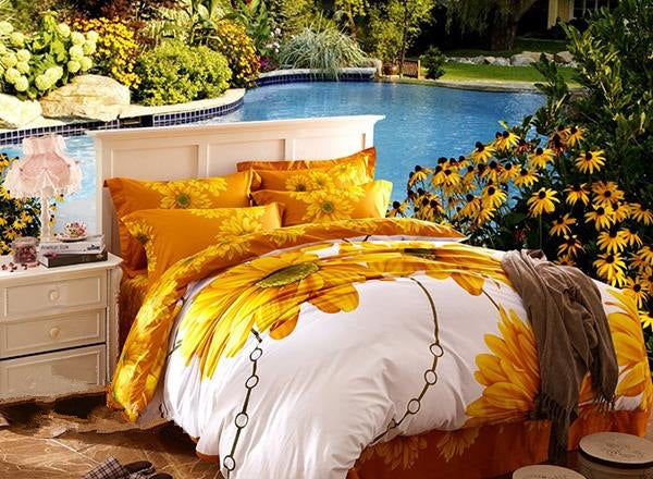 Sunflower and Chain Print Luxury 4-Piece Cotton Duvet Cover Sets