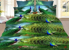 Green Peacock Print Luxury 4-Piece Polyester 3D Duvet Cover Sets