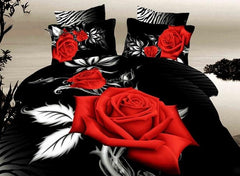 3D Red Rose with White Leaves Printed Cotton Luxury 4-Piece Black Bedding Sets