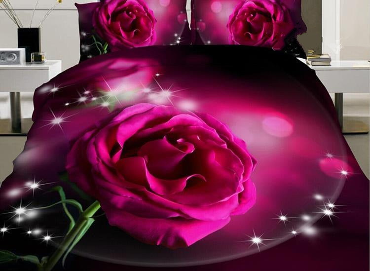 Shining Pink Rose Print Luxury 4-Piece Polyester Duvet Cover Sets