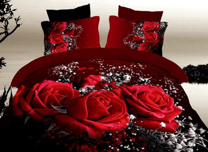 3D Red Roses with Baby Breath Printed Cotton Luxury 4-Piece Bedding Sets