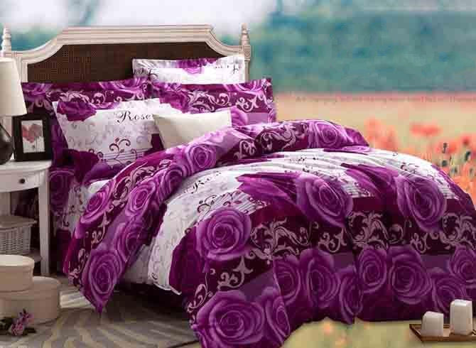 3D Purple Rose Printed Cotton Luxury 4-Piece Full Size Bedding Sets/Duvet Covers